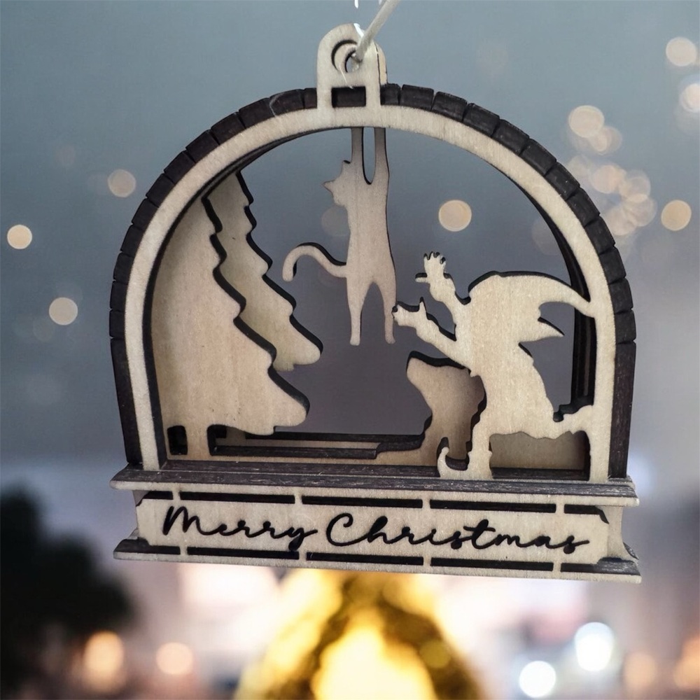 3D Layered Wood Christmas Ornament – Cats & Elf Christmas Scene